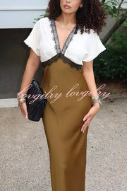 Fashionable Contrast Color V-neck Lace Stitching Maxi Dress