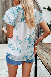 Floral Print Paneled Pleated Crew Neck Pullover Short Sleeved Top