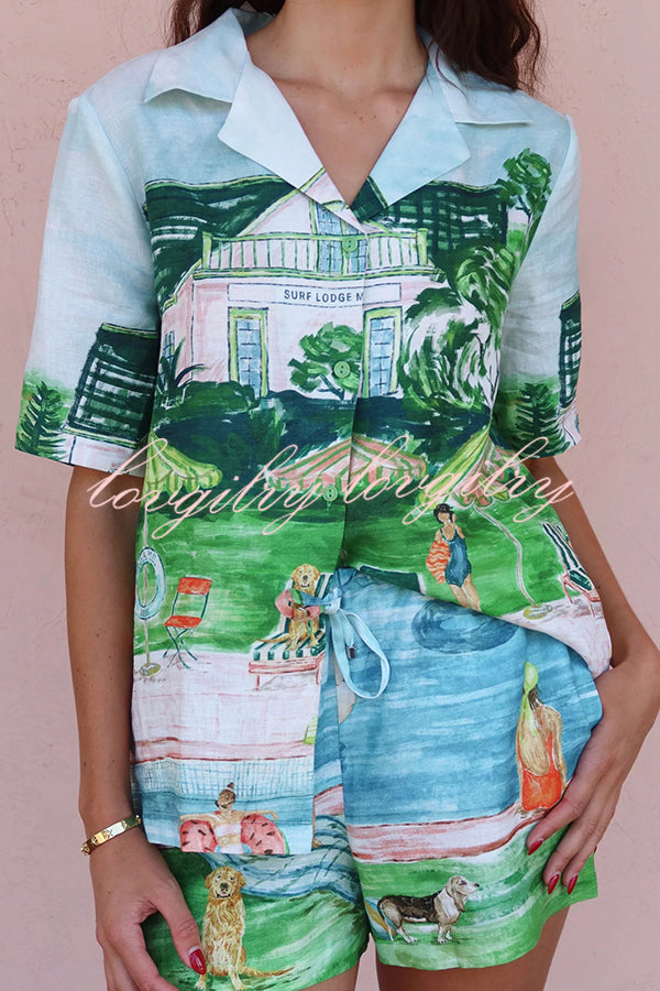 Pool Parties Linen Blend Unique Print Short Sleeve Shirt and Elastic Waist Pocket Shorts Set