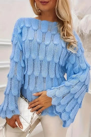 Elegant Feather Hollow Loose Bell Sleeve Knitted Sweater