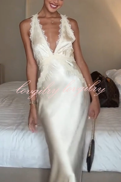 Modern Day Glam Satin Lace Trim V-neck Cross Back Maxi Dress