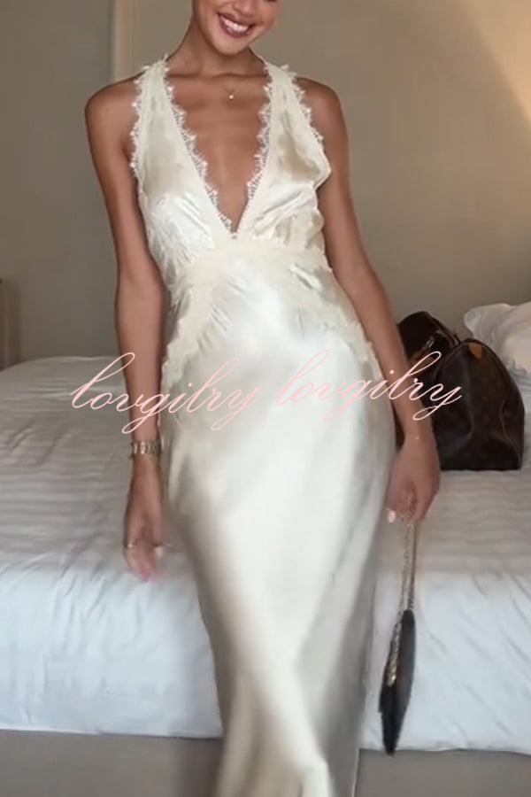 Modern Day Glam Satin Lace Trim V-neck Cross Back Maxi Dress