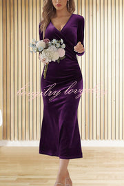 Solid Color Velvet Long Sleeve V-neck Slim Fit Fishtail Maxi Dress