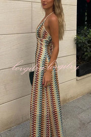 Playful Colorful Knit Holiday Style Halter Neck Maxi Dress