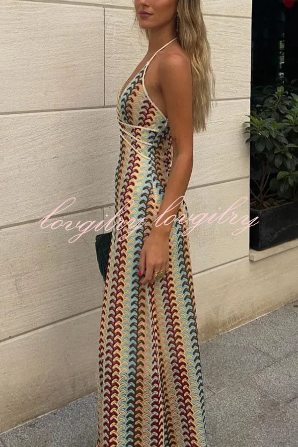 Playful Colorful Knit Holiday Style Halter Neck Maxi Dress