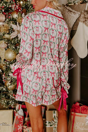 Christmas Dreaming Satin Santa Print Velvet Trim Elastic Waist Pocketed Pajama Shorts Set