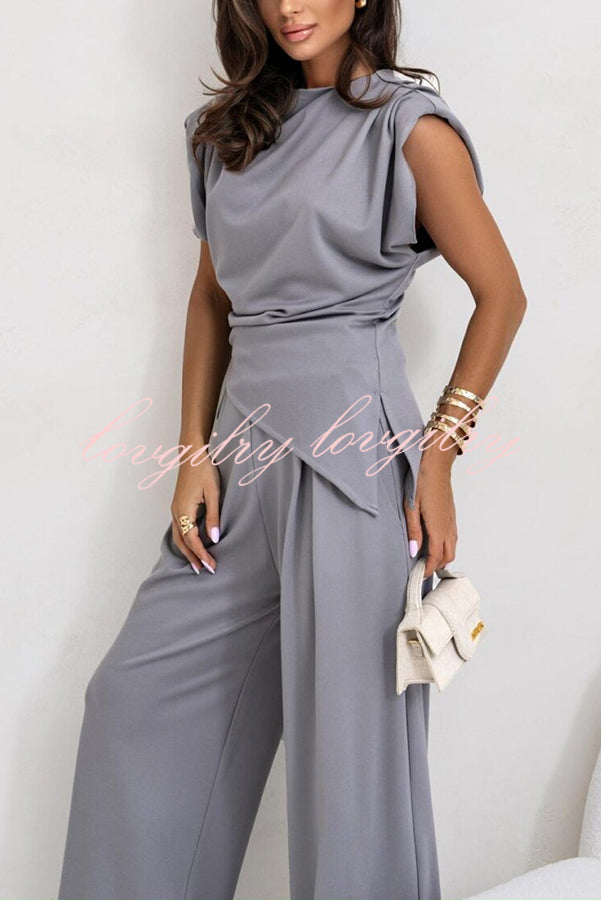 Jordy Ruched Shoulder Slit Top and Elastic Waist Pocketed Wide Leg Pants Set