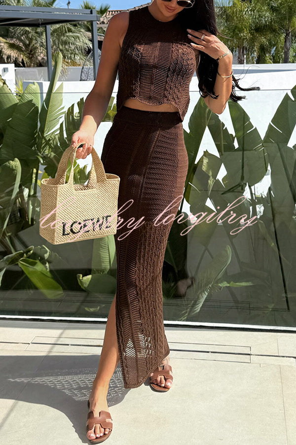 Solid Color Sleeveless Hollow Knit Crop Top and Elastic Slit Slim Midi Skirt Set