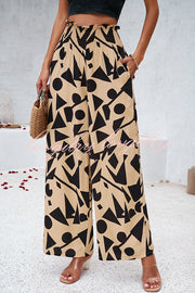 Uniquely Printed Ruffled Elastic Waist Pocket Pleated Wide Leg Pants