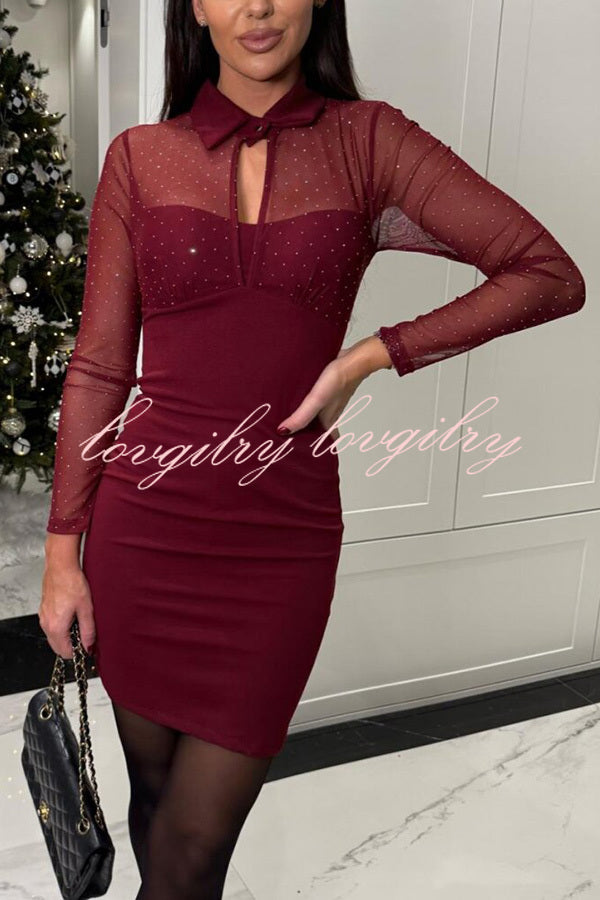 Sexy Energy Mesh Glitter Fabric Cutout Shirt Neck Long Sleeve Stretch Mini Dress