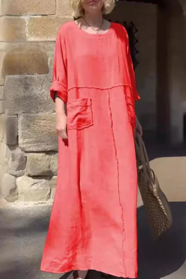 Linen Blend Solid Color Long-sleeve Paneled Pockets Loose Maxi Dress