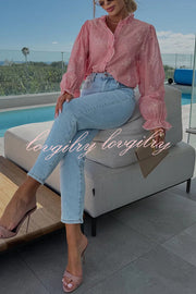 Stripe Print Plant Embroidery Long Sleeve Casual Shirt