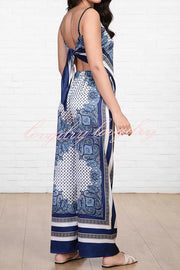 Unique Printed Sling Backless Strappy Top and Elastic Waisted Loose Pants Set