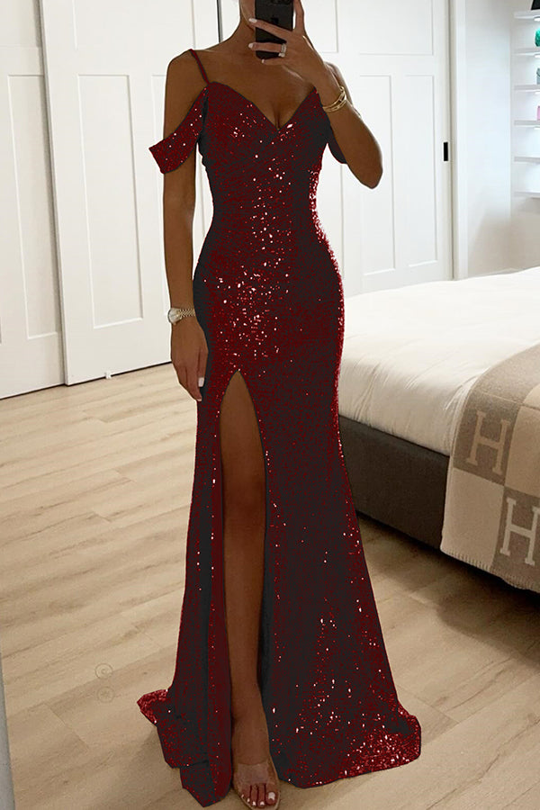 Prom Dreamland Sequin Cold Shoulder Ruched Slit Maxi Dress