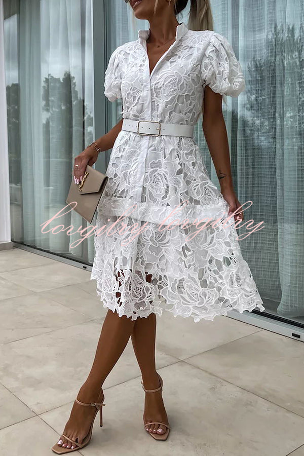 Absolutely Elegant Floral Crochet Lace Puff Sleeve Belted Shirt Midi Dress