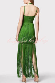 Sexy Halterneck Open Back Elegant Tassel Slim Maxi Dress