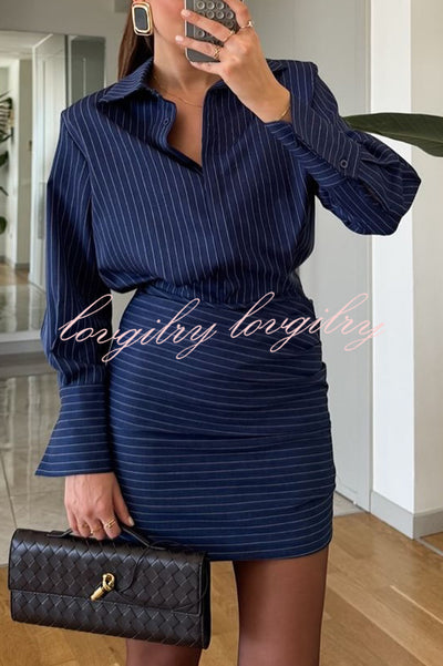 Simple and Sexy Stripe Print Long Sleeve Ruched Hem Shirt Mini Dress