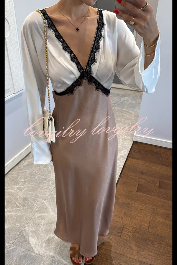 Lainei Contrast Color Satin Lace Trim V-neck Long Sleeve Maxi Dress