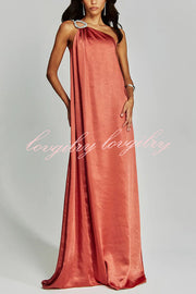 Charming Glance Satin Metal Hardware One Shoulder Loose Maxi Dress