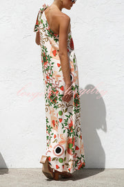 Botanical Print Elegant Strappy One-shoulder Resort Maxi Dress