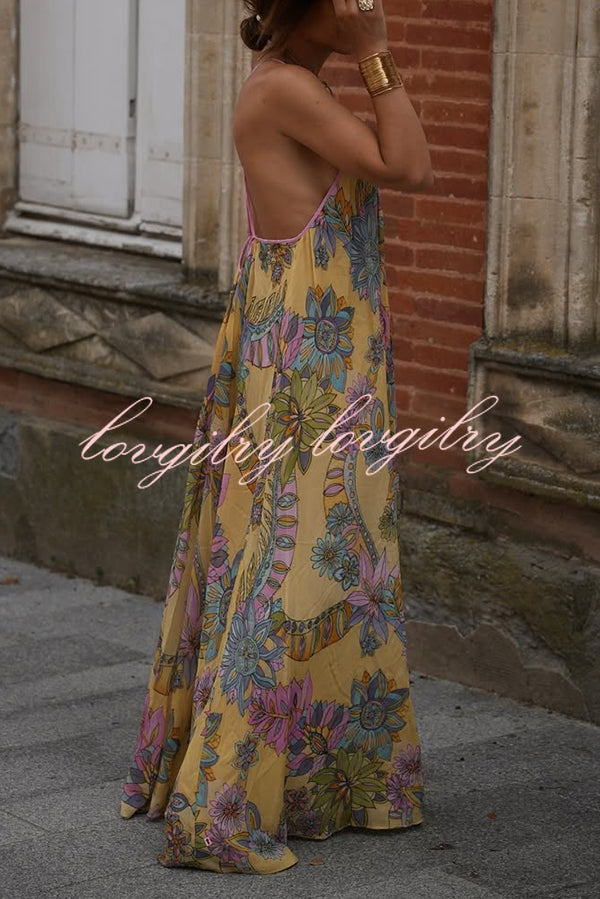 Plant Print Halter Back Loose Holiday Maxi Dress