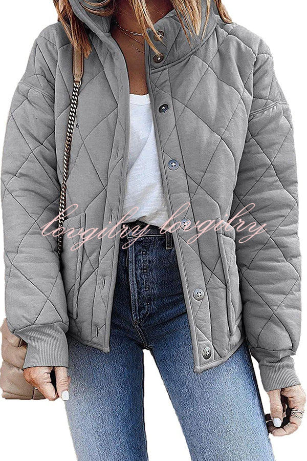 Solid Diamond Quilted Pocket Button Long Sleeve Coat