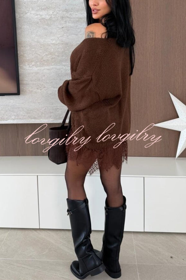 Comfy and Sweet Knit Lace Patchwork Hem Wide Neck Long Sleeve Loose Sweater