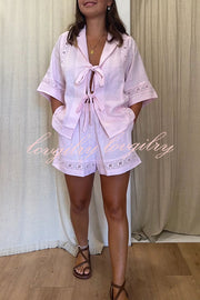 Celebrate Vacation Linen Blend Lace Splicing Tie-up Shirt and Elastic Waist Pocketed Shorts Set