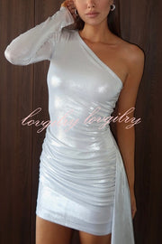 Sexy Asymmetric One-sleeve Pleated Stretch Slim Mini Dress