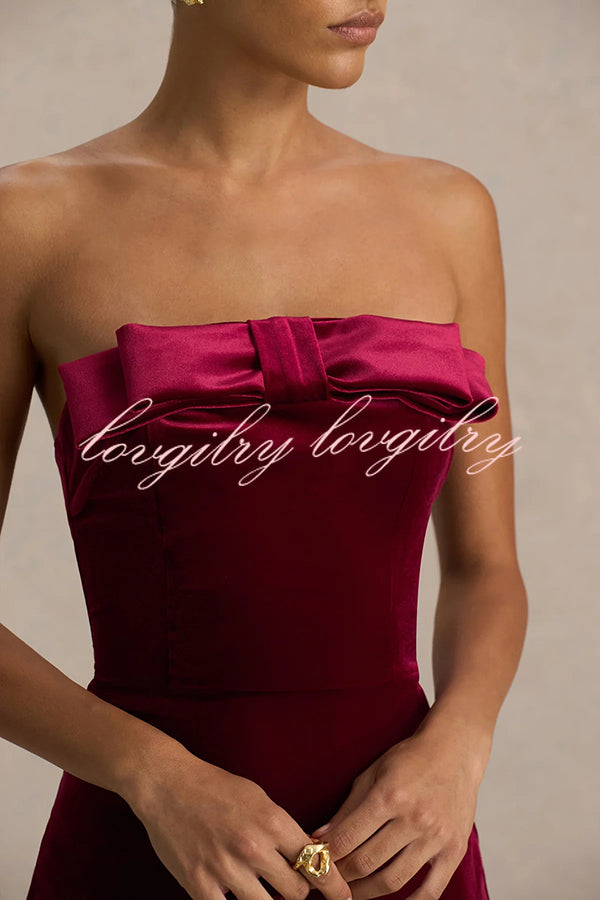 Illusion Velvet Bandeau neck Bow detail Stretch Maxi Dress
