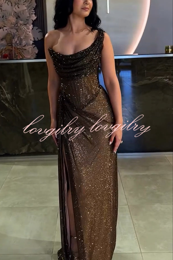 Glitzy Gala Glitter Fabric One Shoulder Ruched Slit Maxi Dress