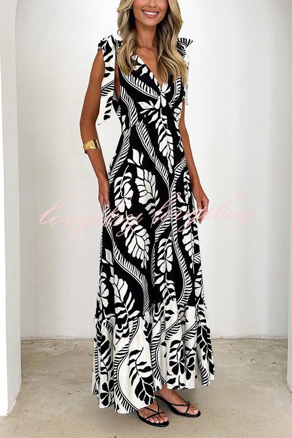 Unique Printed V-neck Sleeveless Lace-up Waist Maxi Dress