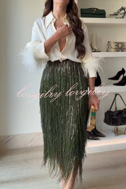 Party Crasher Layered Sequined Tassels High Rise Back Zipper Midi Skirt