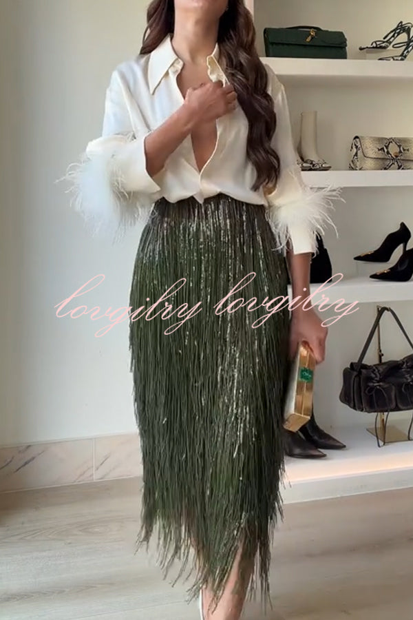 Party Crasher Layered Sequined Tassels High Rise Back Zipper Midi Skirt