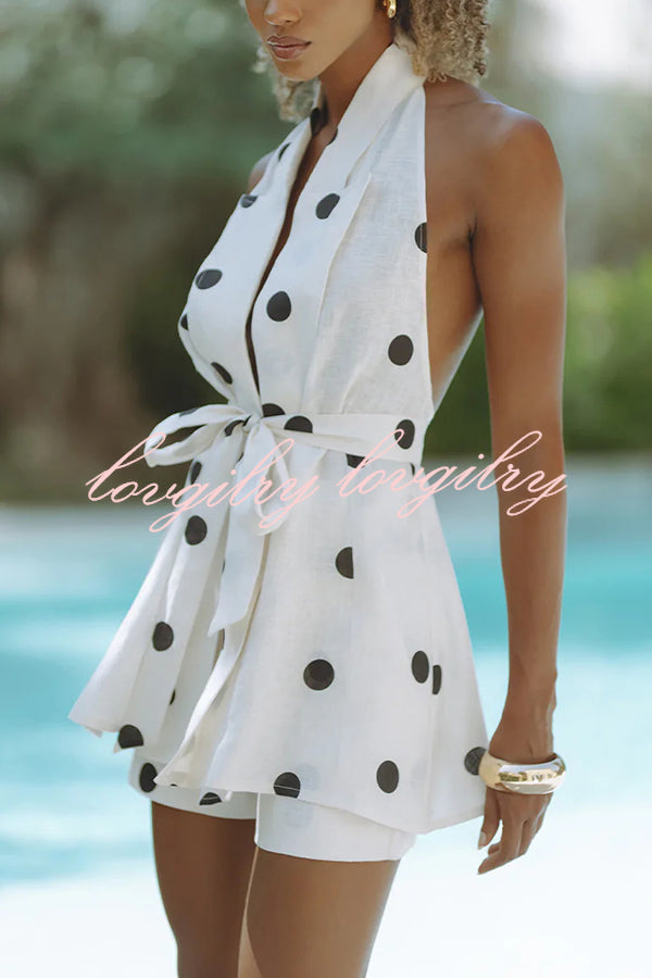 Gabby Linen Blend Polka Dot Tie-up Lapel Halter Vest and Metal Ring Belt Loose Shorts Set