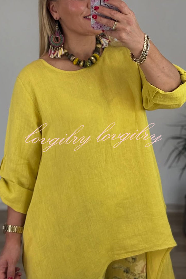 Linen Blend Crew Neck Long Sleeve Irregular Loose Top and Elastic Waist Floral Print Casual Pocket Set