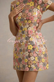 80's Inspired Floral Print Sequin Short Sleeve Stretch Mini Dress