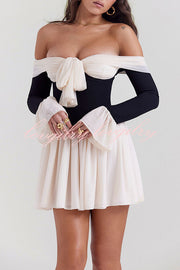 Dreamy Off Shoulder Color Block Bow Long Sleeve Mini Dress