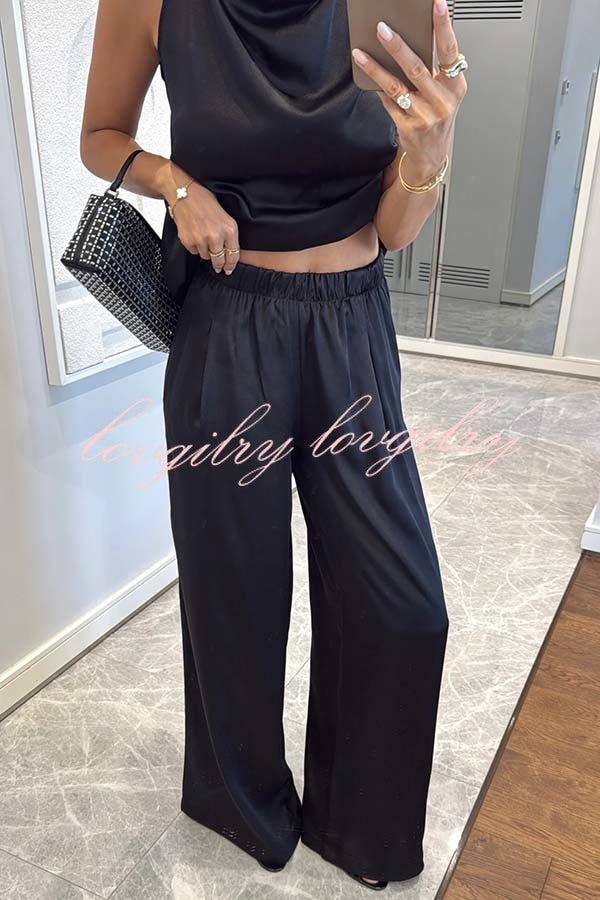 Classic on You Satin High Cowl Neck Top and Elastic Waist Pocket Loose Pants Set