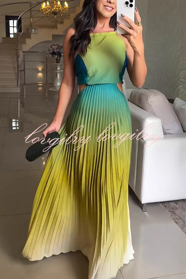 Fashionable Backless Tie Elegant Gradient Pleated Maxi Dress