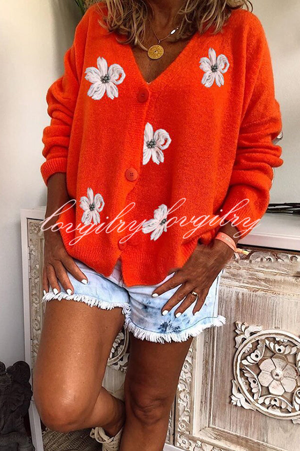 Floral Knit Single Breasted Long Sleeved Cardigan Coats