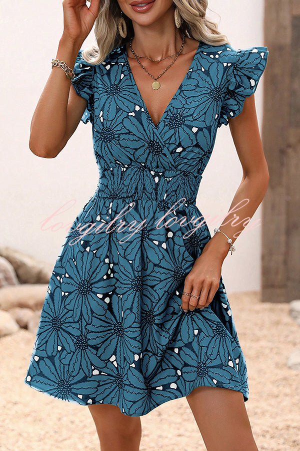 Wonderful Weekend Floral Print Ruffle Sleeve Elastic Waist Mini Dress