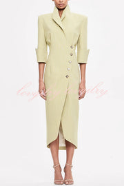 Elegant Look Linen Blend Stand Lapel Neck Half Sleeve Side Button Midi Dress