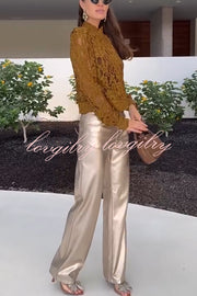 Palace Style Crochet Flower Lace Stand Neck Button Puff Sleeve Jacket