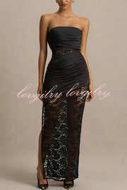 Dulcie Lace and Satin Patchwork Asymmetrical Pleats Bandeau Maxi Dress