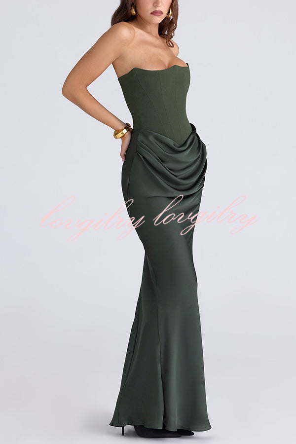 Attend The Gala Strapless Corset Satin Ruched Hip Drape Maxi Dress