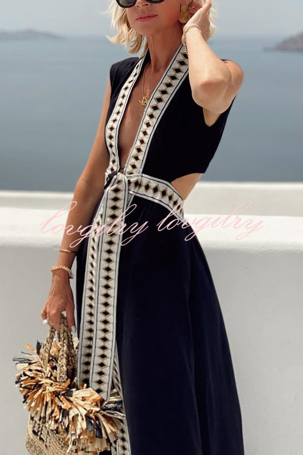 Fashionable Lock-edge Printed V-neck Lace-up Holiday Cover-up Robe
