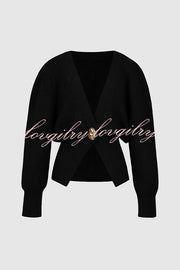 Only Yours Knit Metal Leaf Shape Button Lantern Sleeve Relaxed Cardigan