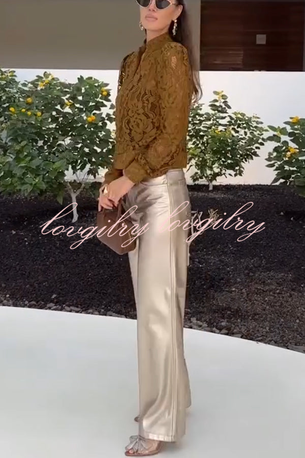 Palace Style Crochet Flower Lace Stand Neck Button Puff Sleeve Jacket