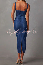 Warren Suspender Back Zipper Denim Maxi Dress